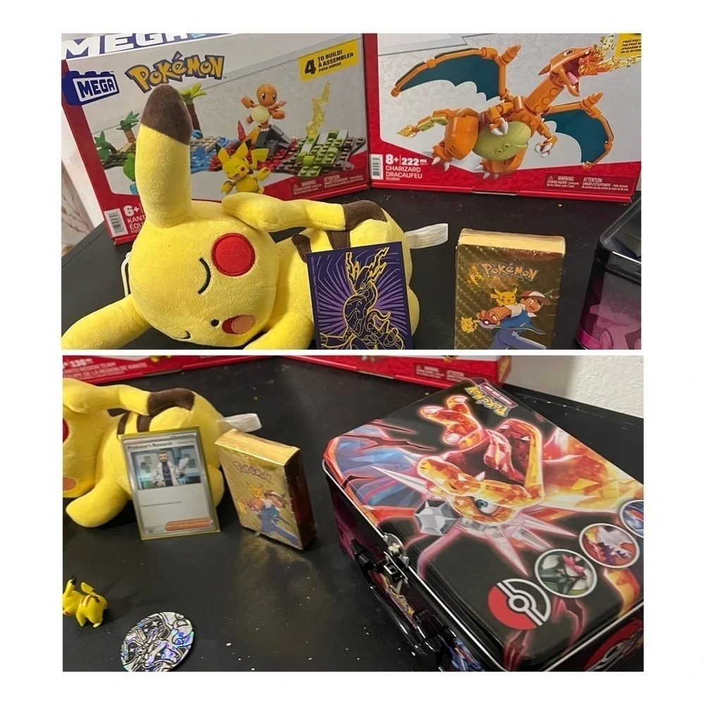 Mega Lego Charmander Pokemon Trading Card Set Pikachu Plush Etc., NWOT & EUC